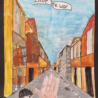 Motiv von einem Jungen in der großen Stadt mit der Überschrift „Stop the war“