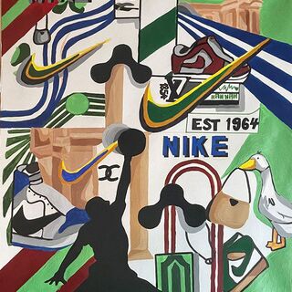Acrylbild stellt verschiedene Sportswear-Marken dar und eine weiße Gans, die eine Handtasche im Schnabel hält